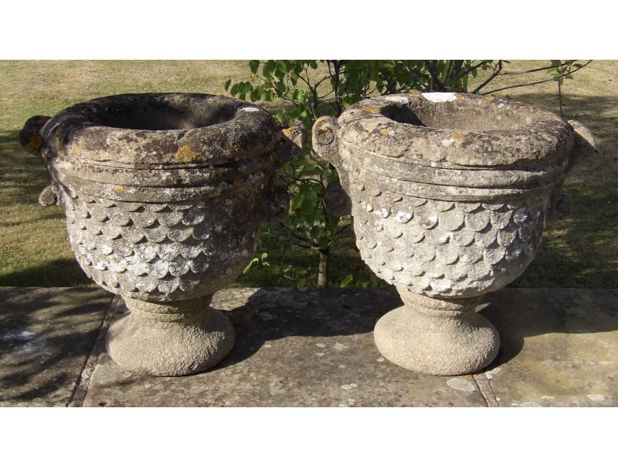 Pair of Limestone Garden Urns