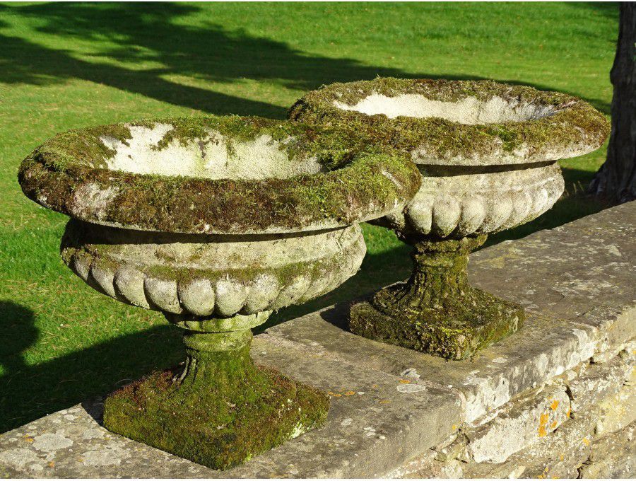Pair Weathered Garden Urns
