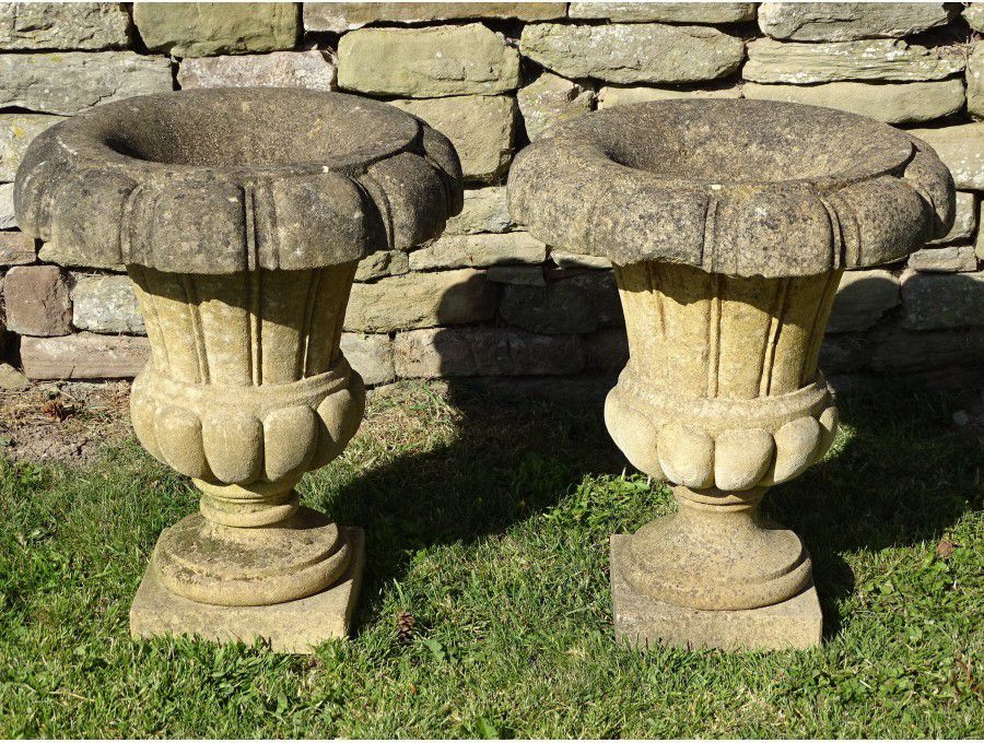 Pair Limestone Garden Urns