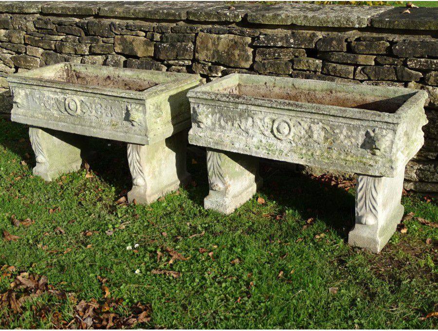 Pair Weathered Composition Stone Troughs