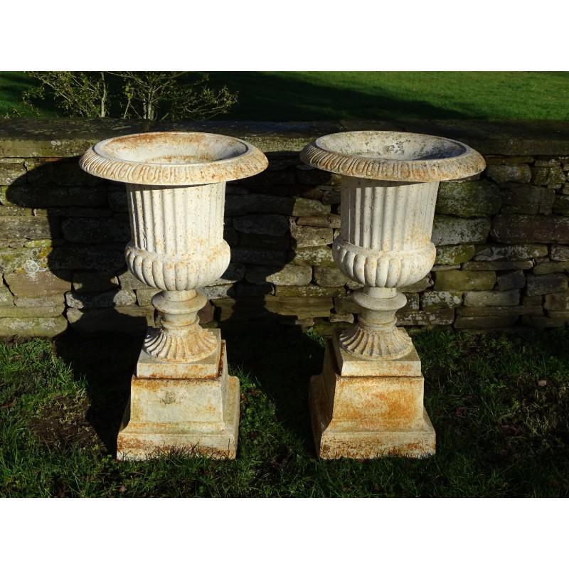 Pair Cast Iron Garden UrnsWith Square PlinthsAvailable To Buy Online