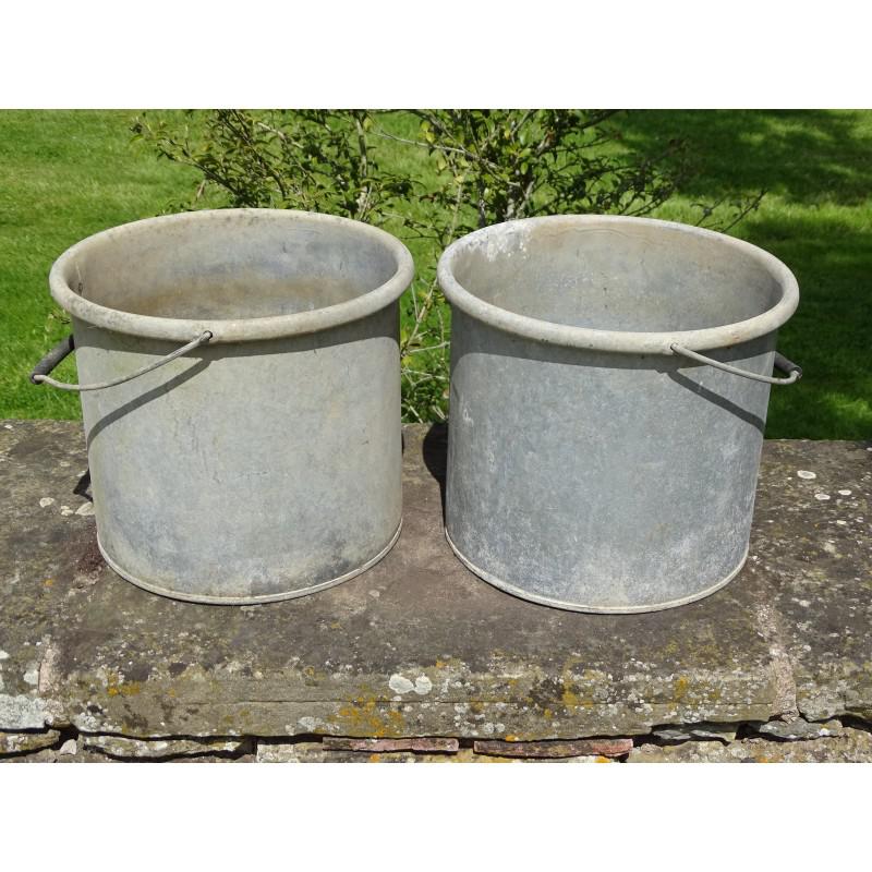 Pair Vintage Galvanised PlantersOld Pails With HandlesEnglish Origin