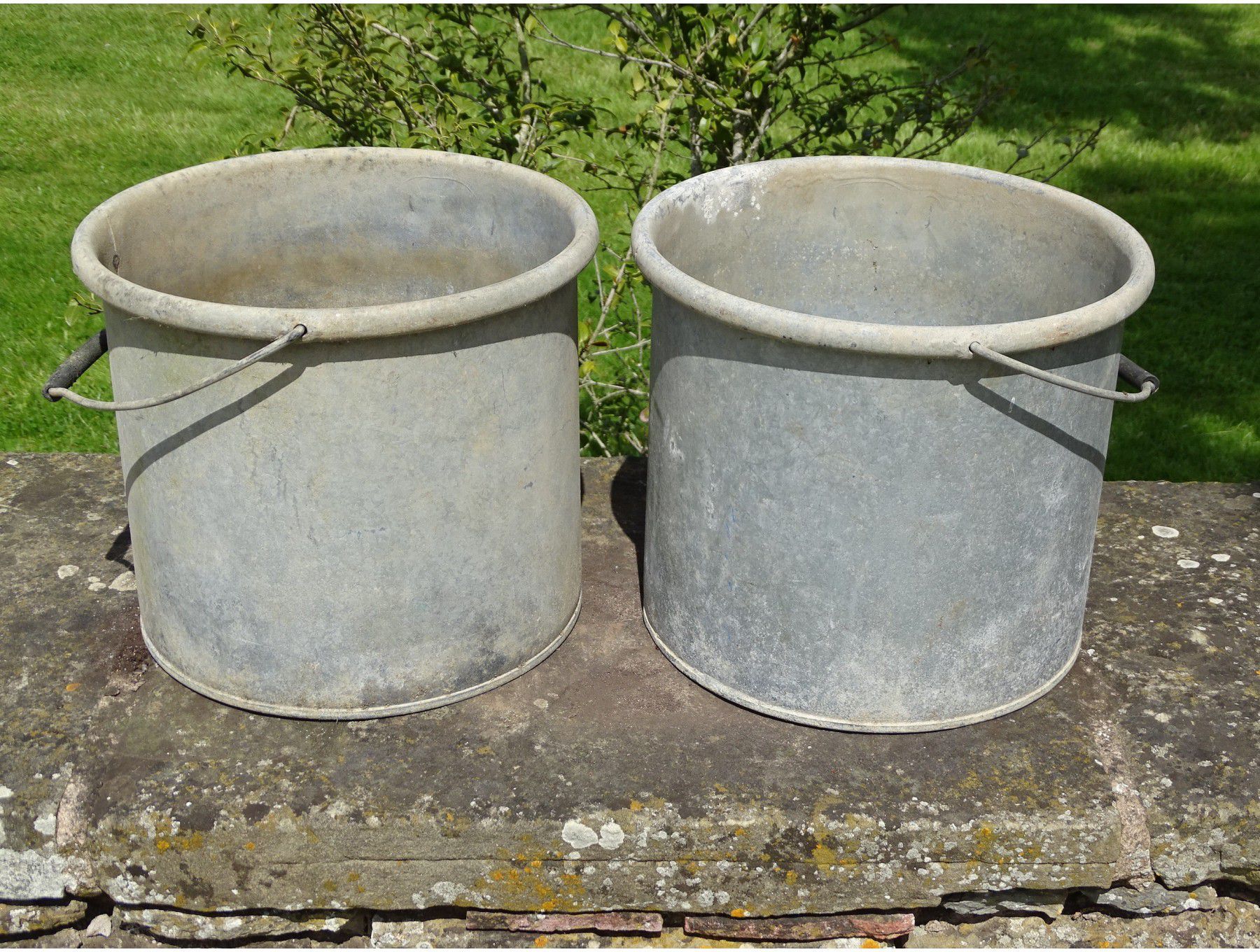 Pair Vintage Galvanised PlantersOld Pails With HandlesEnglish Origin