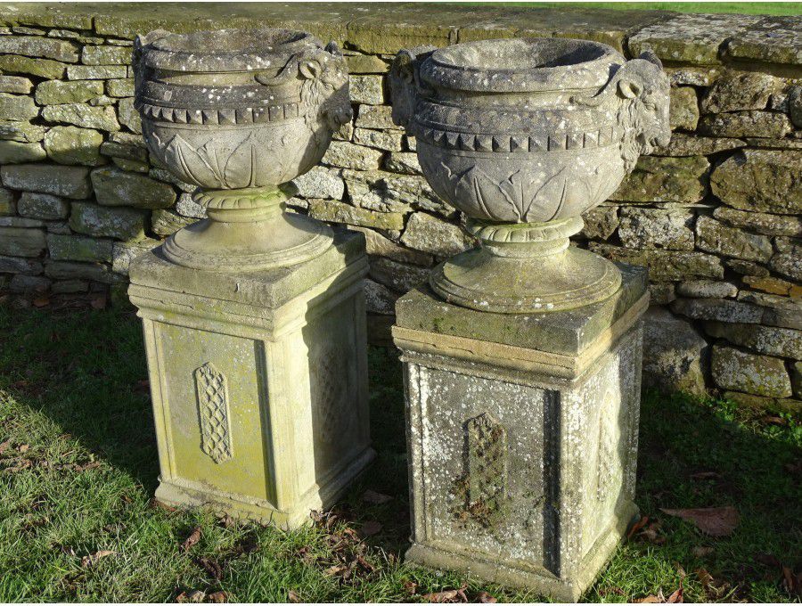 Weathered Urns on Plinth (Pair)