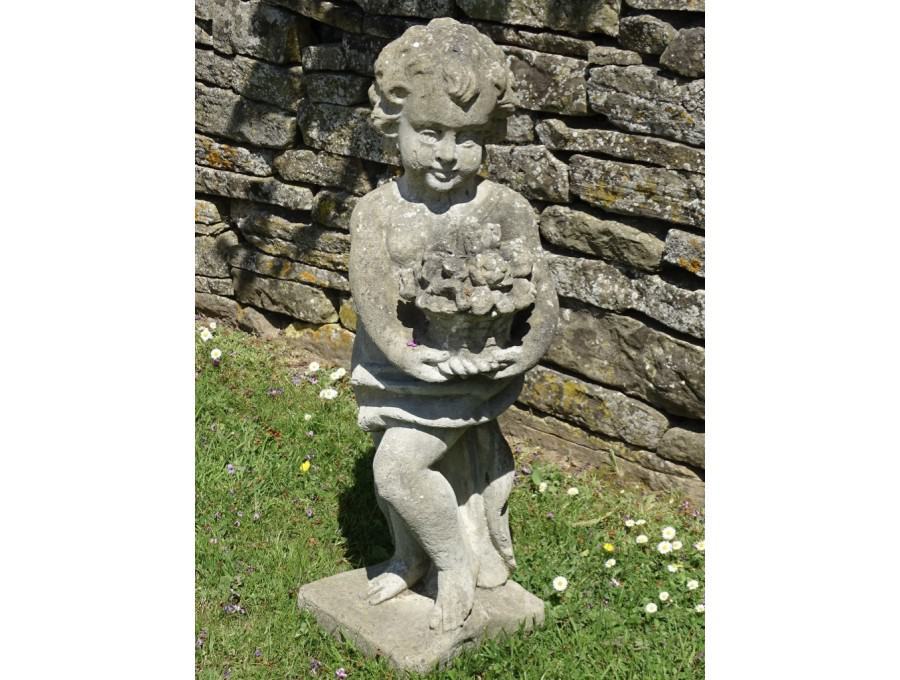 Weathered Stone Putto with Flowers