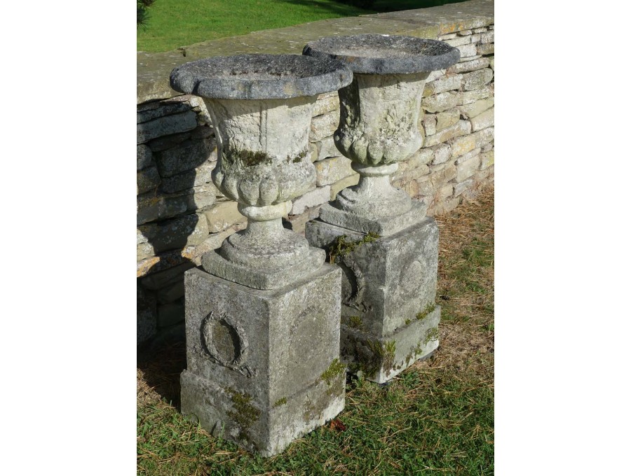 Weathered Urns on Plinth (Pair)