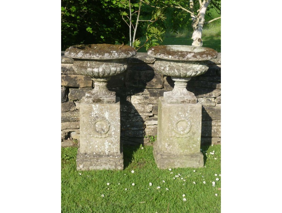 Weathered Urns on Plinths (Pair)