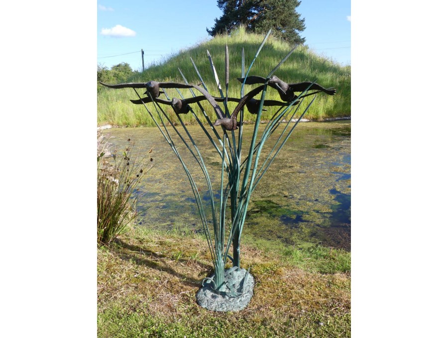 Bronze Sculpture Ducks in Reeds